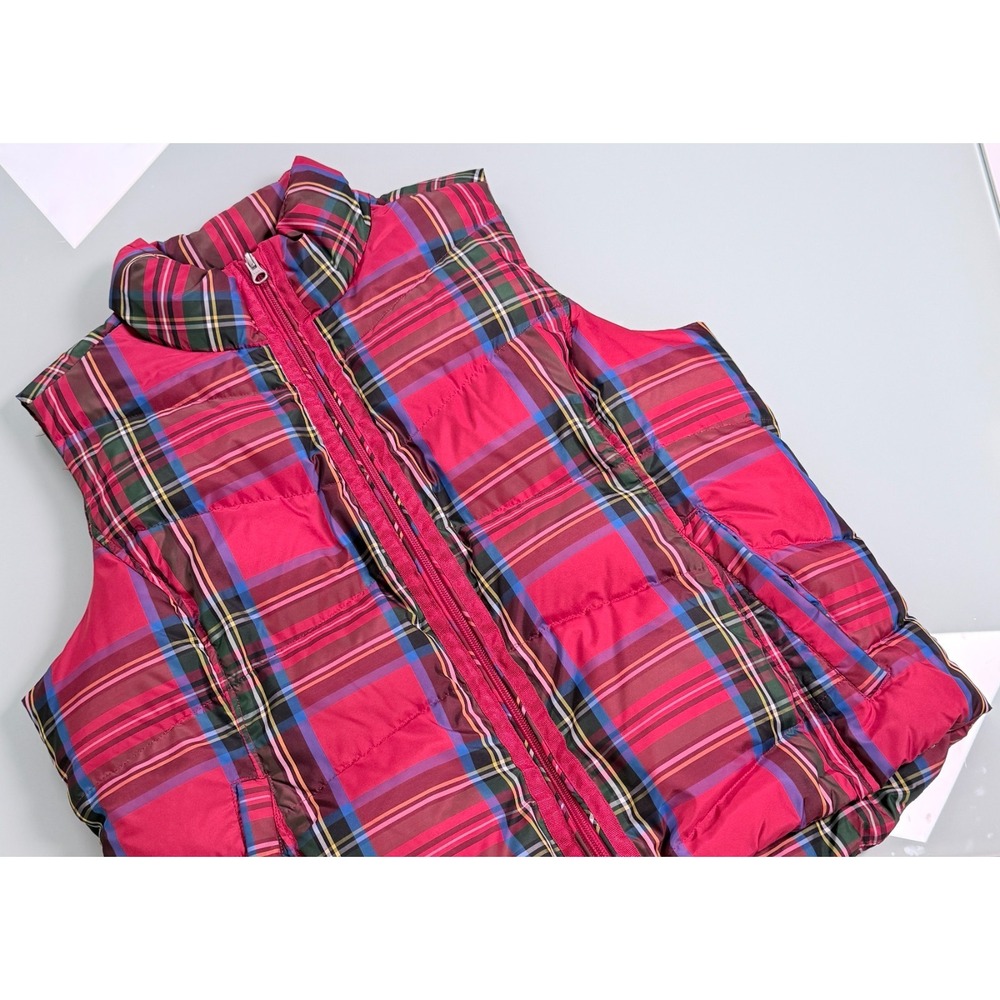 Lands' End Puffer Vest Women's L/P Red w/ Stripes Tartan Plaid Full Zip CorpCore